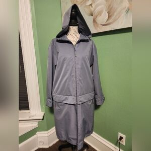 TravelSmith Long Hooded Trench Rain Coat Sz L Slate Blue 🦚NEW🦚